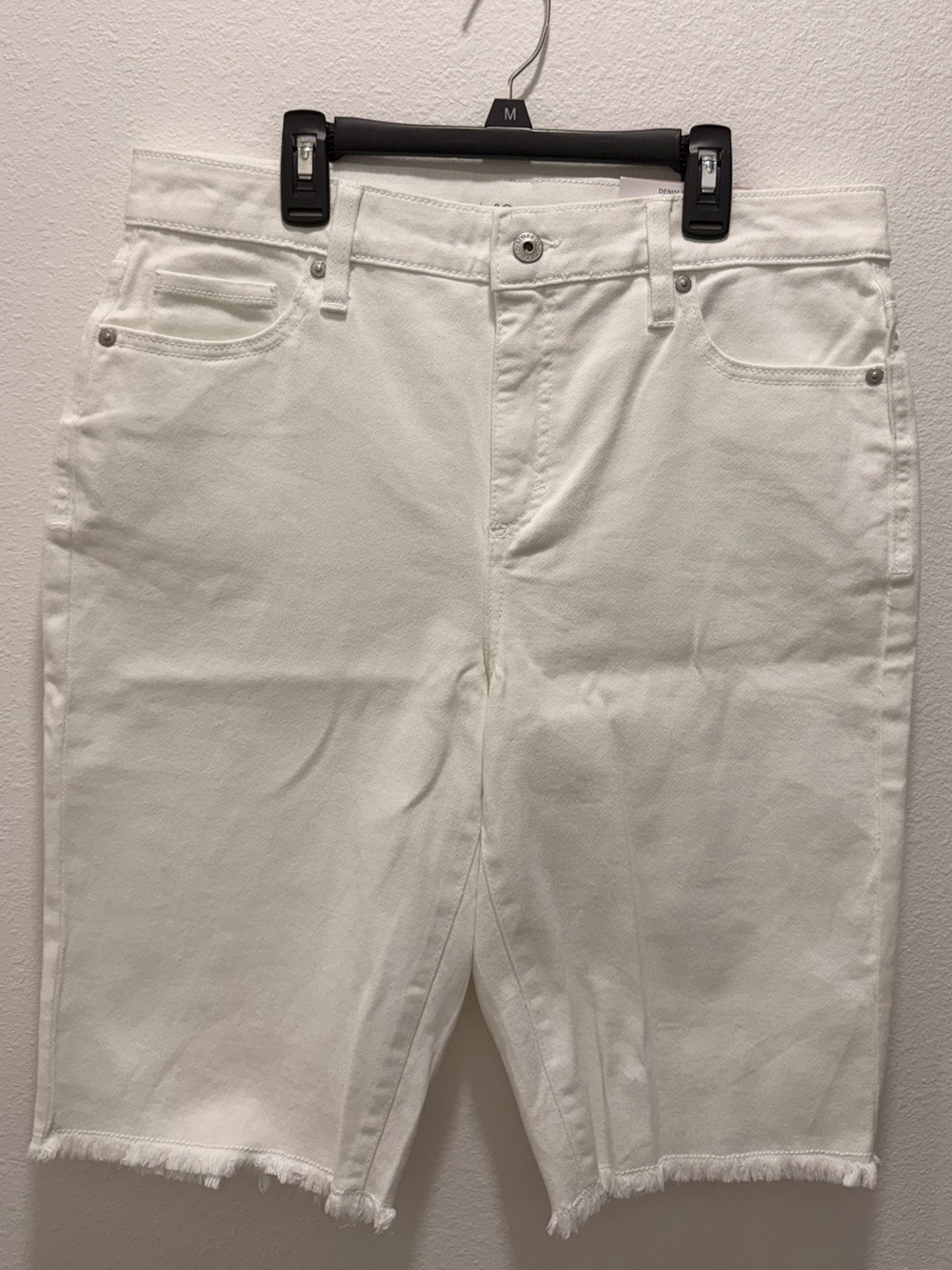 Style & Co., Denim Bermuda Shorts, White, Size 12, Midrise Frayed Hem NWT